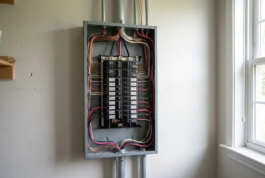 Head-on photograph of a laundry-room wall in an older suburban house: the finished 200-amp panel installed and connected in place, cover off showing dressed, evenly combed conductors and labelled breakers, conduit joined into the run at both ends, daylight from a side window