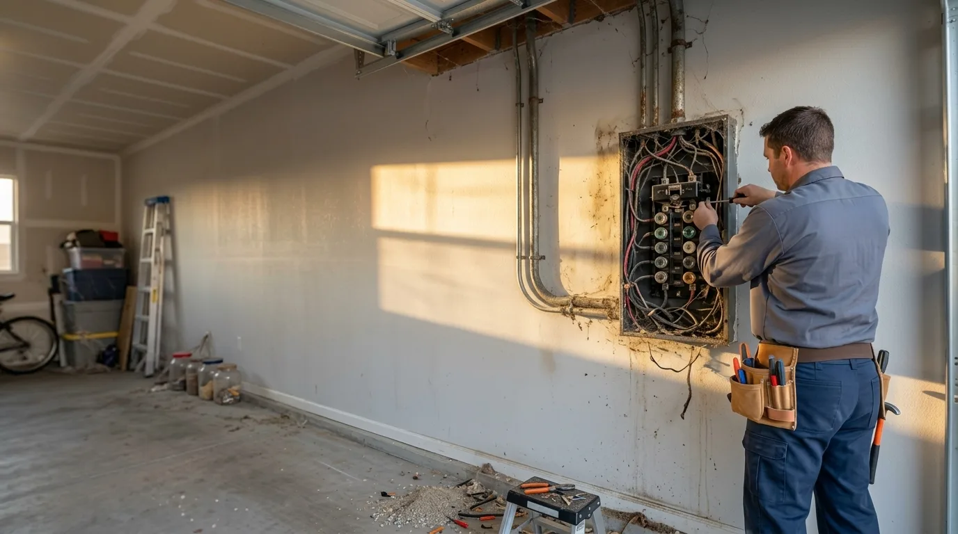 Before: Wide shot inside a suburban Colorado garage: an electrician in work clothes standing at an open, fully installed 200-amp breaker panel on the finished wall, conduit running up into the ceiling, late-afternoon light raking across the wall, the subject and panel in the right half of the frame